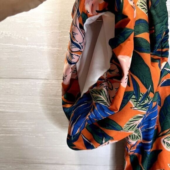 Shein Floral Print Lantern Sleeve Cut Out Asymmetrical Neck Ruffle Hem - Picture 10 of 12